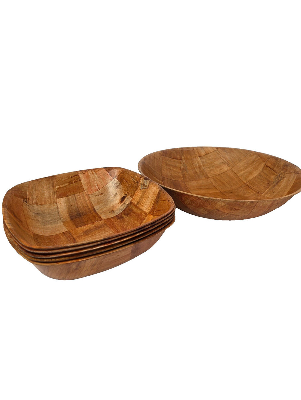 Vintage Mid Century Woven Wood Salad Bowl Set 6 pc. 14'' Large Round 10" Square